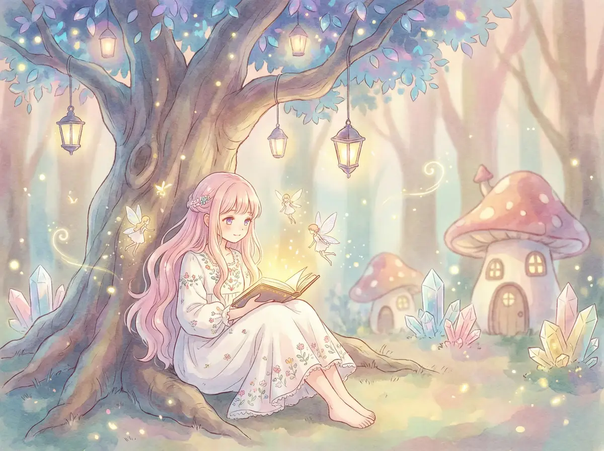 王思聪lol - 魔法森林中阅读故事书的粉发少女与精灵